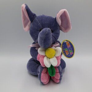 Kellytoy Elephant Holding a Flower Plush 8‎ Inch 2003 Vtg Plush Pink Purple